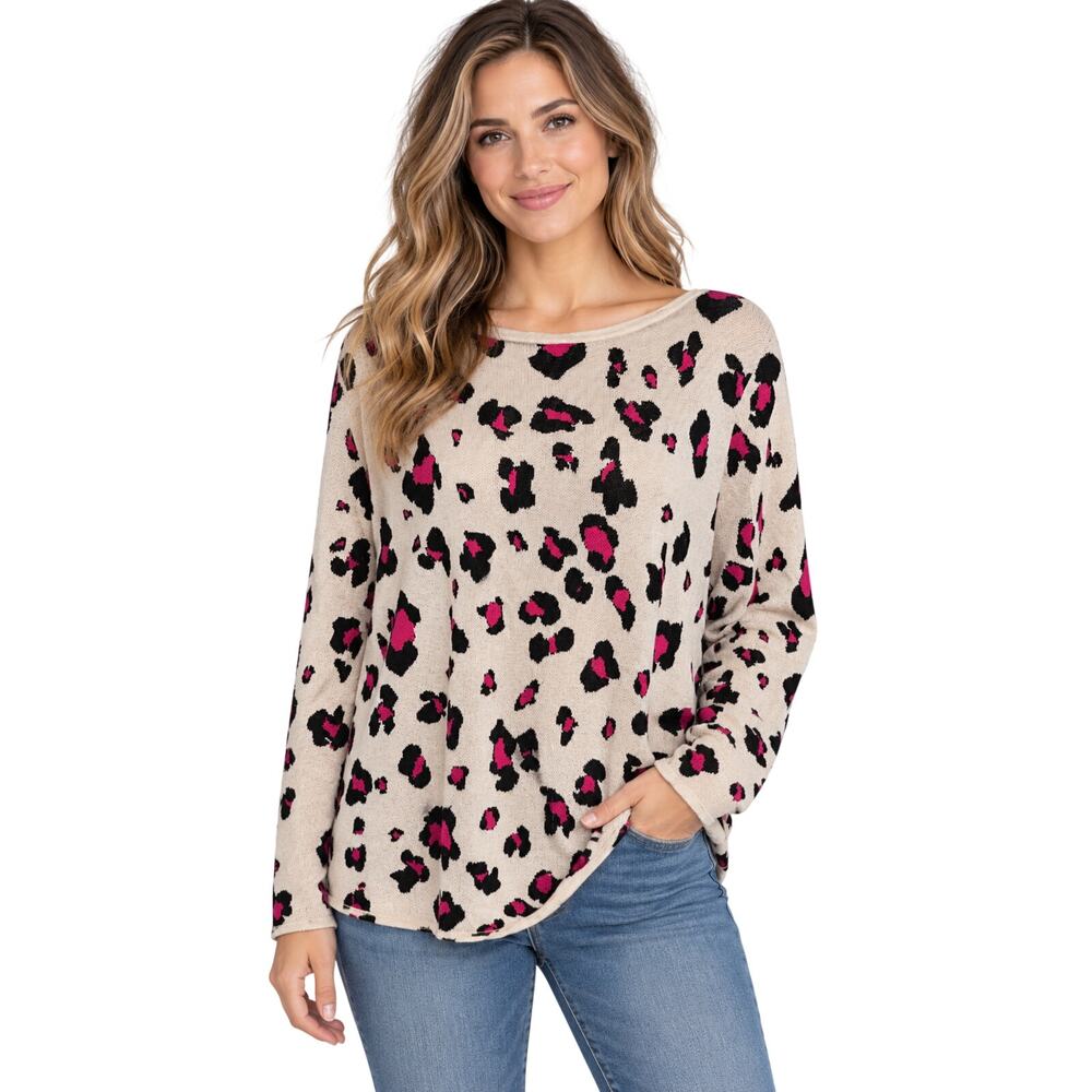 Chicos 2P (LP) leapord double layer knit sweater slub winter career casual EUC